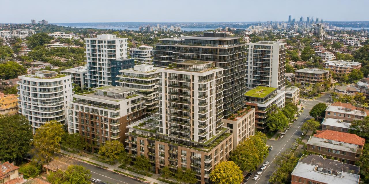 Aerial view of Sydney strata apartment buildings